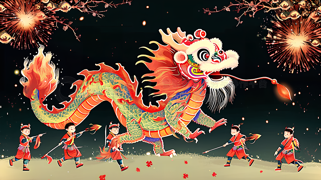 国潮舞狮舞龙新年贺岁的插画