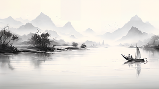 中国风水彩水墨画山峰太阳鸟儿树木场景插画