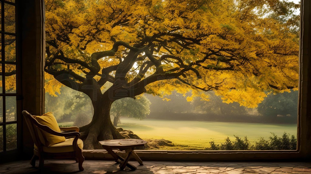 庭院四季风景摄影图秋天的一天,树木泛黄,在风中飘动