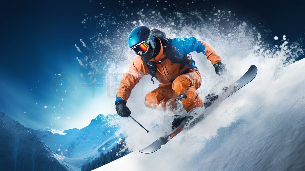 滑雪日常运动场景人像摄影图滑雪者准备冲向斜坡,戴上防护装备和头盔