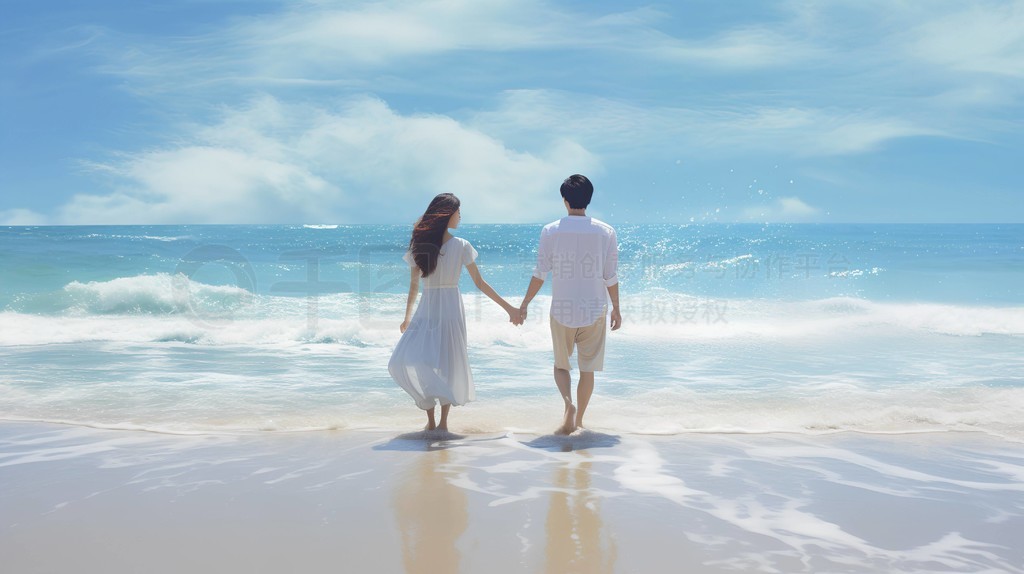 消暑清凉居家场景人像摄影图一对情侣手牵手走在海滩上,在海浪袭来时
