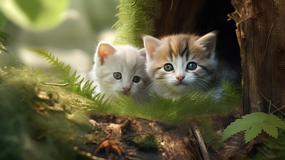 可爱小猫创意组合插画小猫在森林里玩捉迷藏,其中一只躲在树洞里,另
