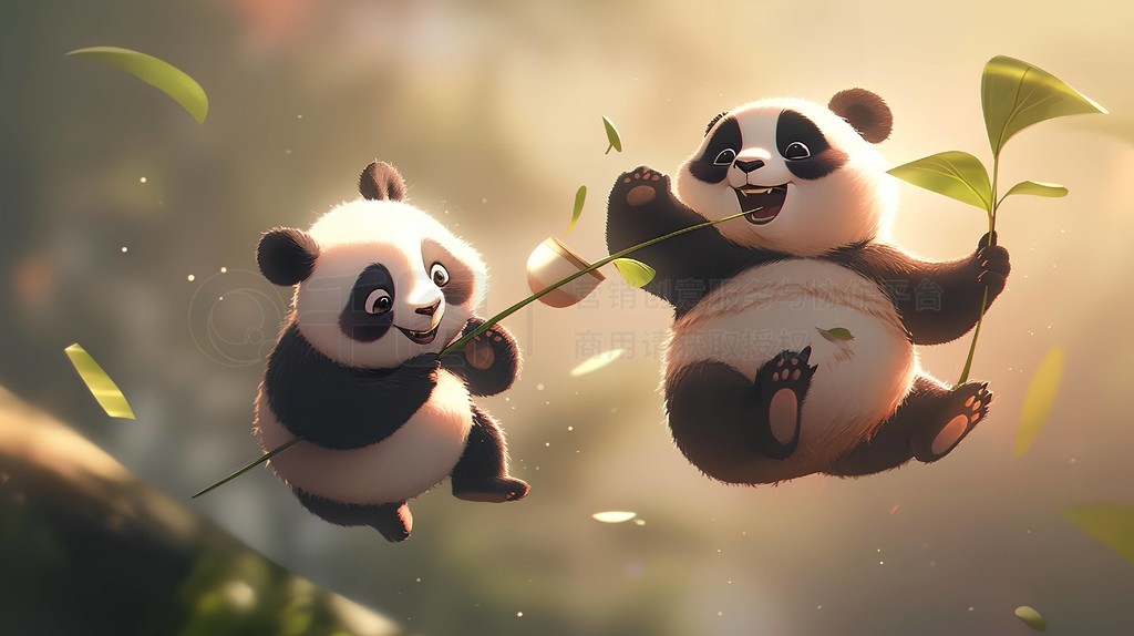 可爱熊猫元素3d素材熊猫像杂技演员一样在竹枝上荡秋千,展示出它们的