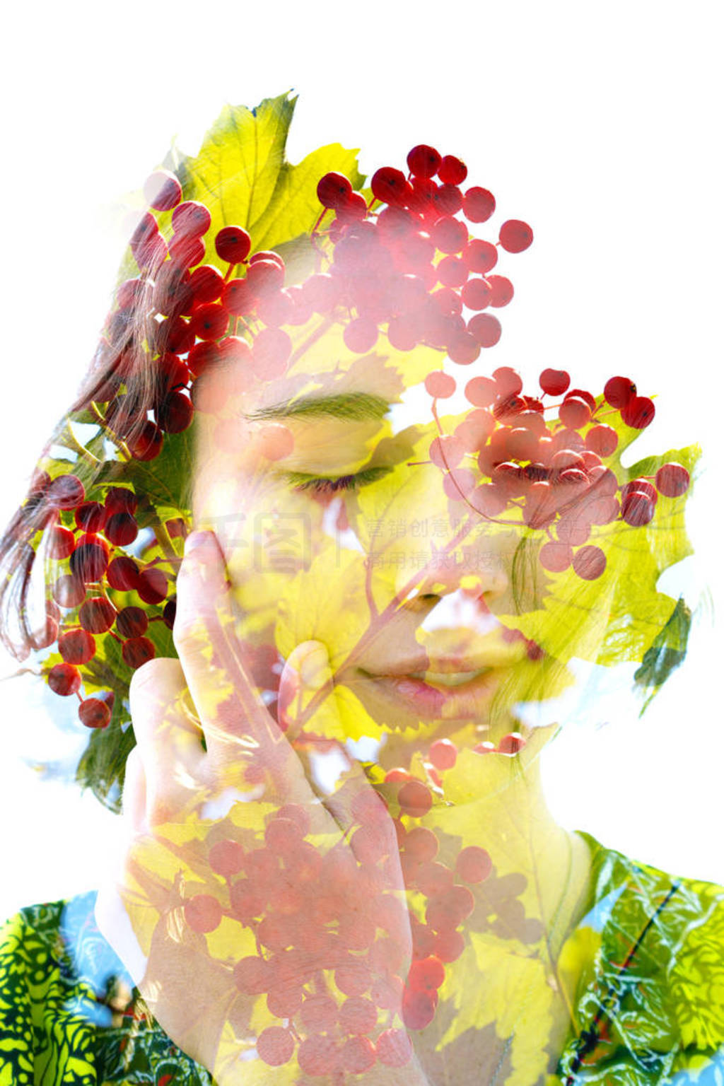 Double exposure of a natural beauty with closed eyes and bright