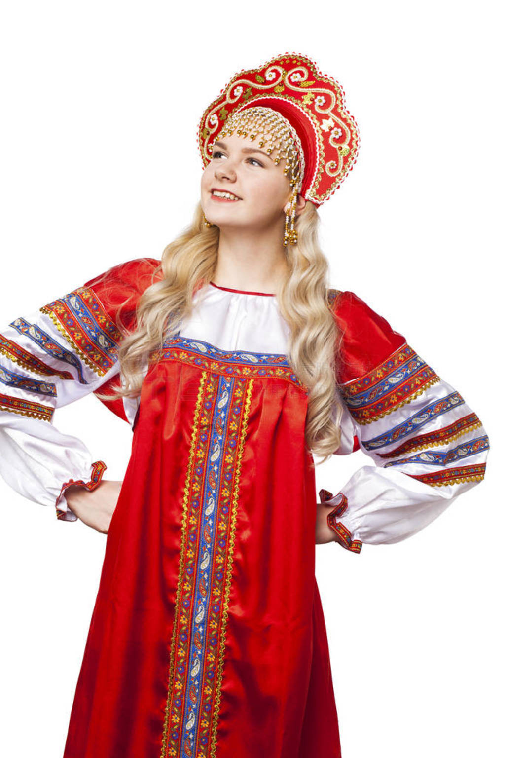 Traditional Russian folk costume, portrait of a young beautiful