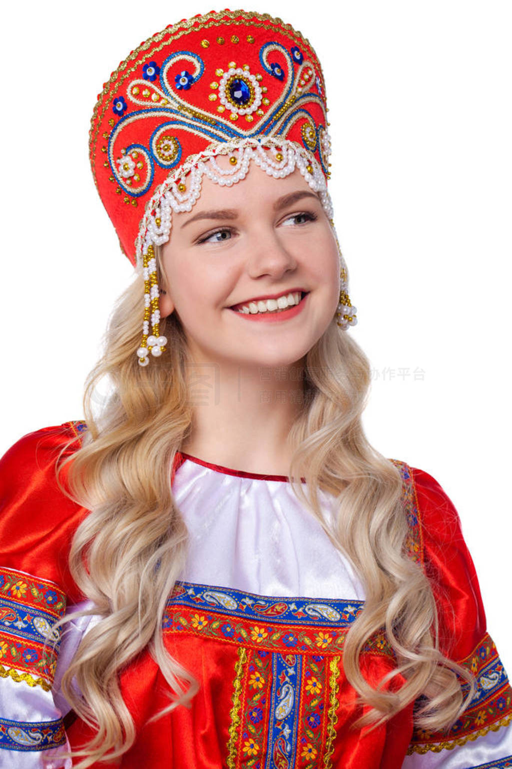 Traditional Russian folk costume, portrait of a young beautiful