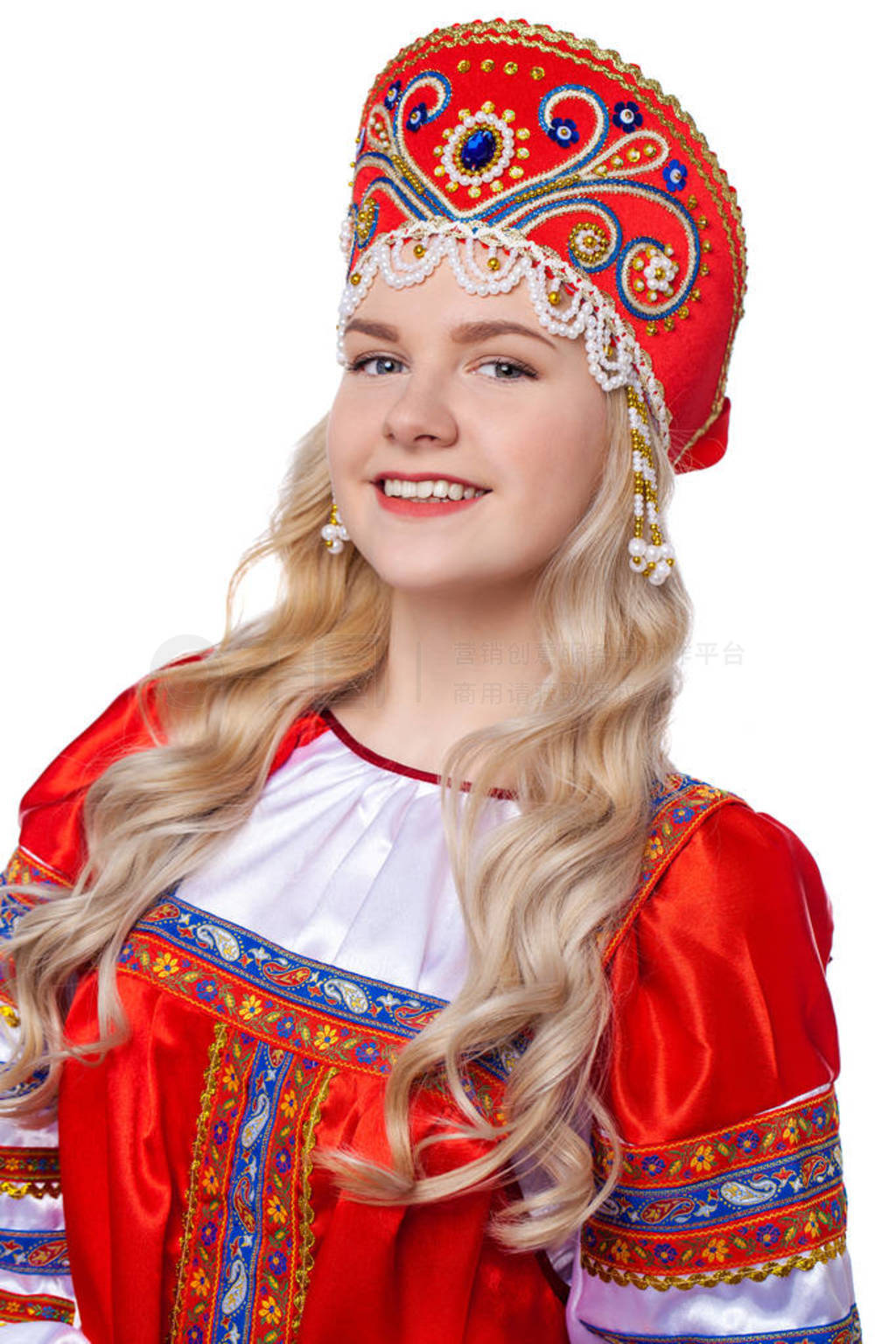 Traditional Russian folk costume, portrait of a young beautiful