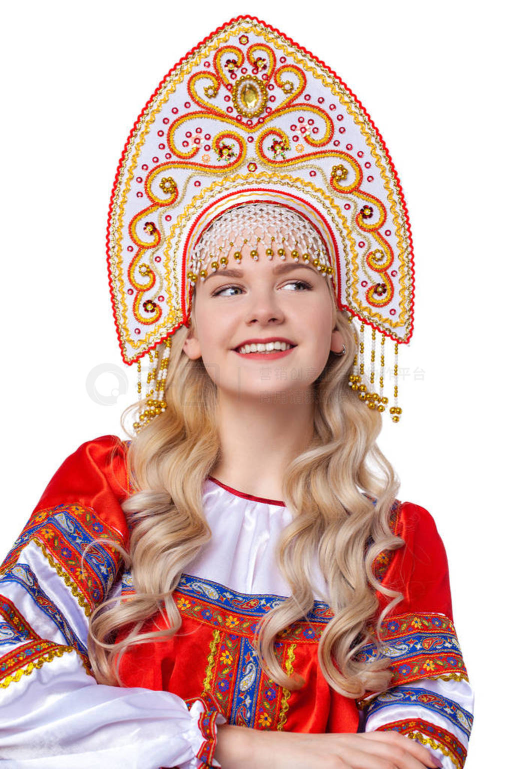 Traditional Russian folk costume, portrait of a young beautiful