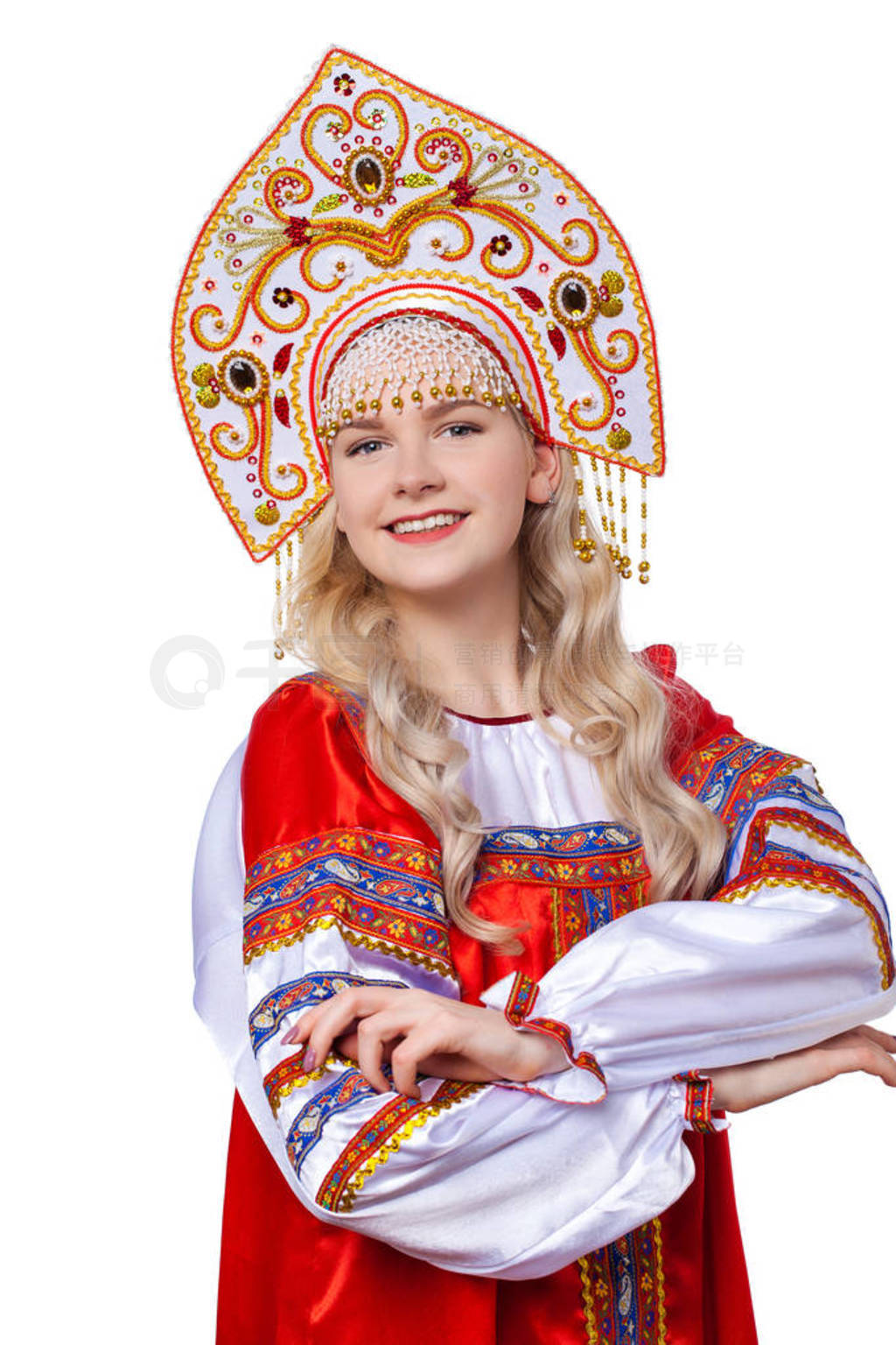 Traditional Russian folk costume, portrait of a young beautiful