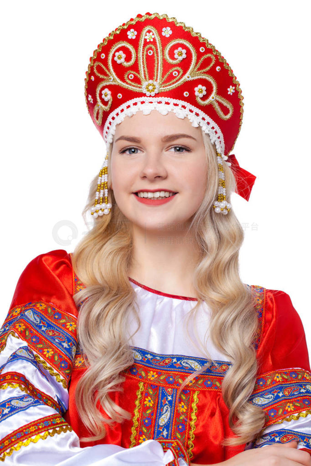 Traditional Russian folk costume, portrait of a young beautiful