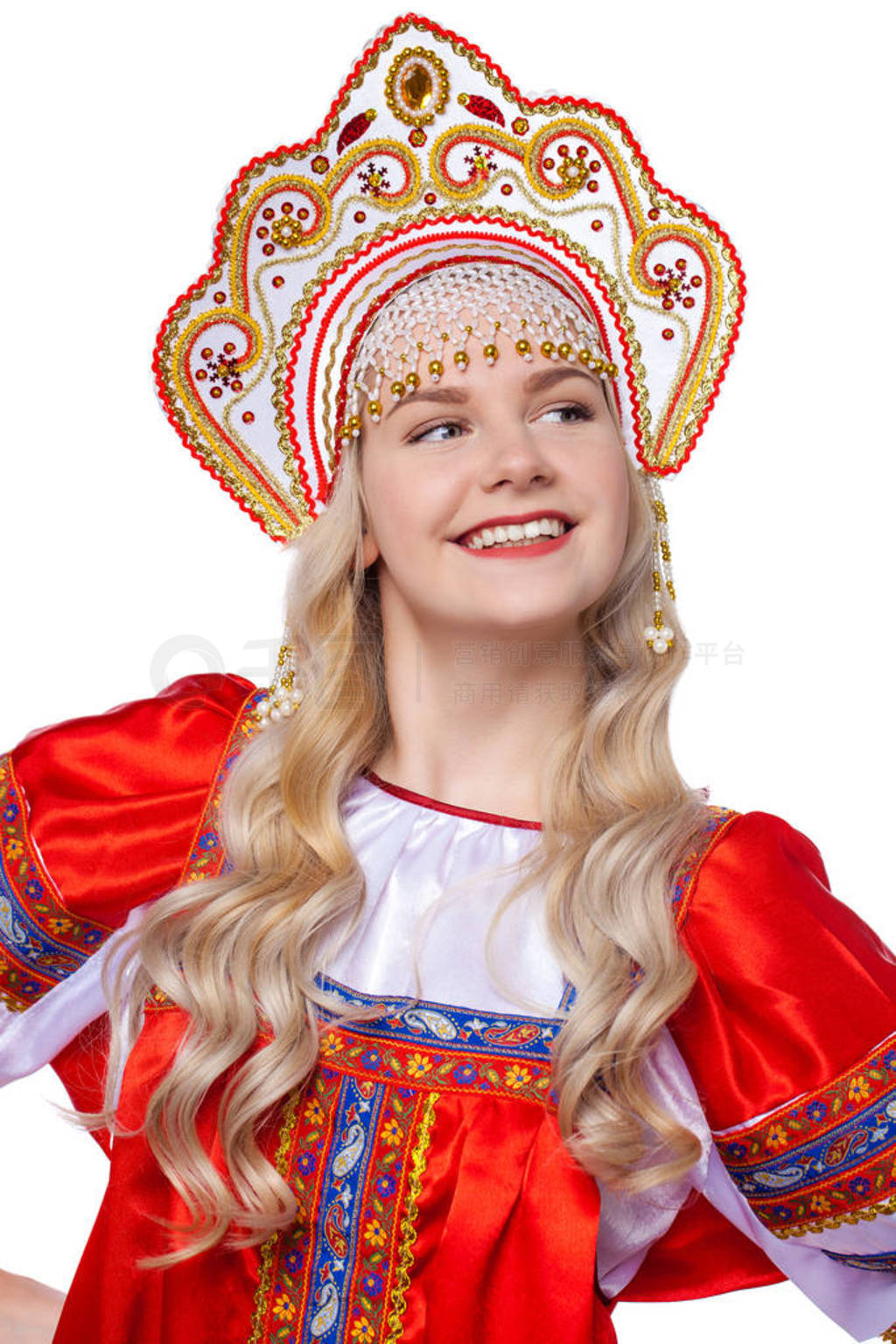 Traditional Russian folk costume, portrait of a young beautiful