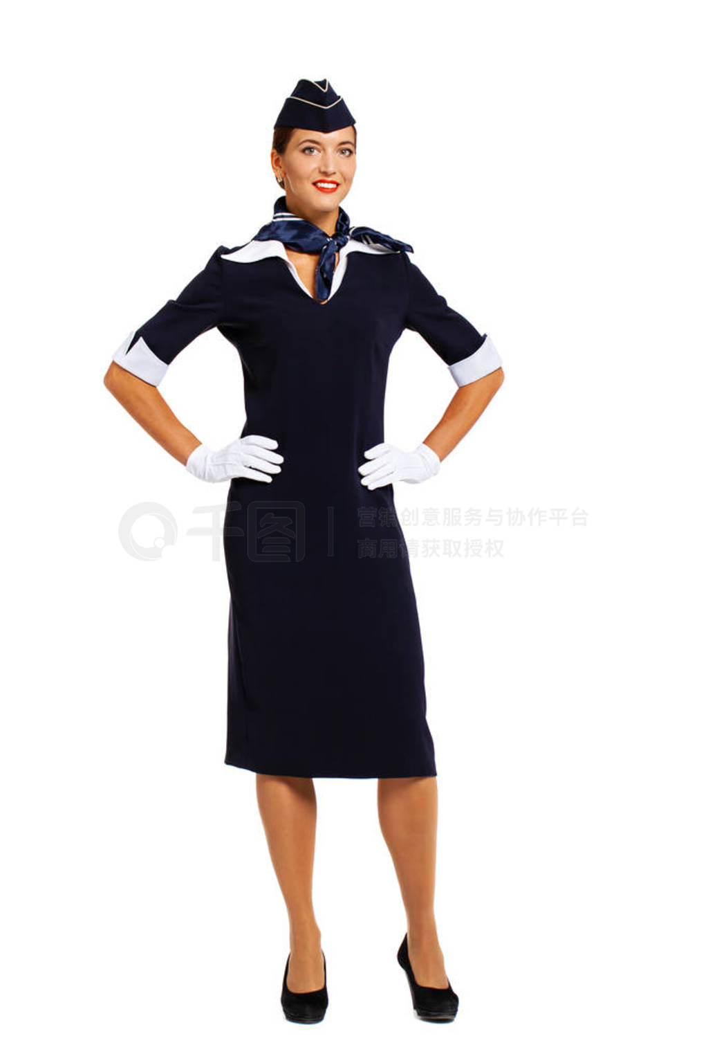 Young beautiful Russian stewardess in blue uniform