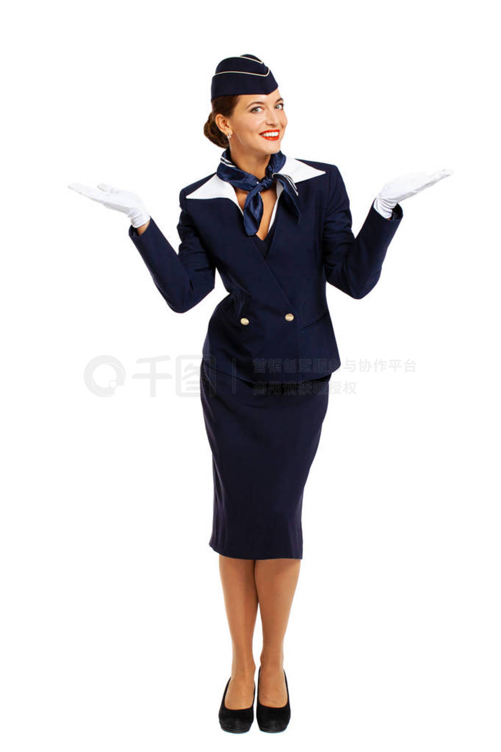 Young beautiful Russian stewardess in blue uniform