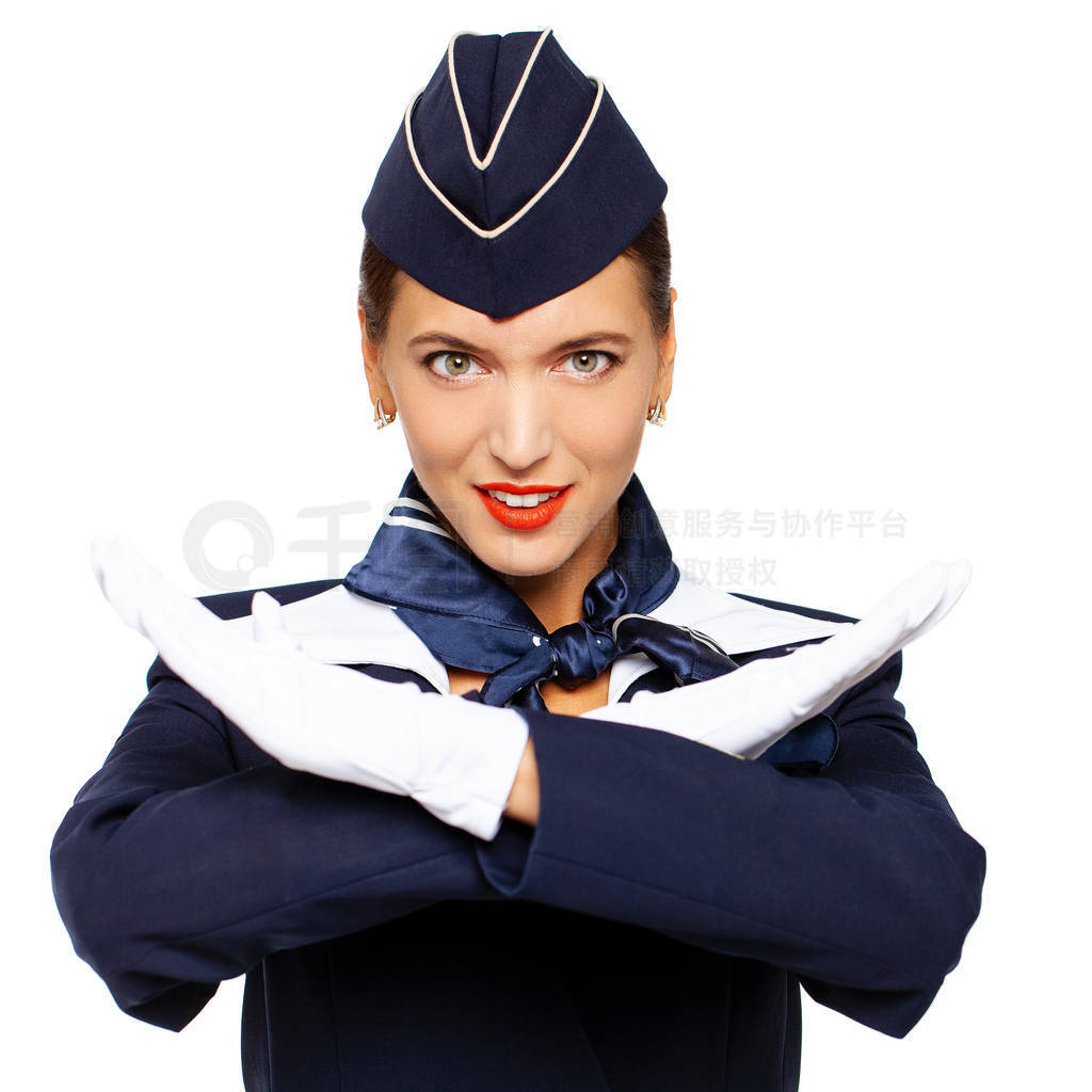 Young beautiful Russian stewardess in blue uniform