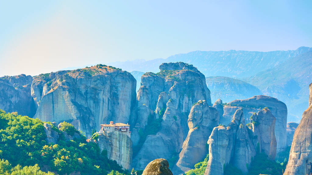 Panorama of Meteora rocks with The Monastery of Rousanou