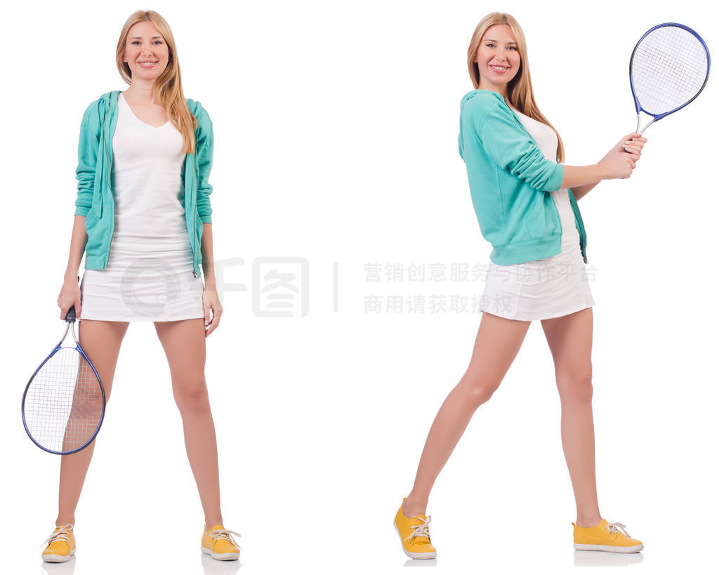 Young beautiful lady playing tennis isolated on white