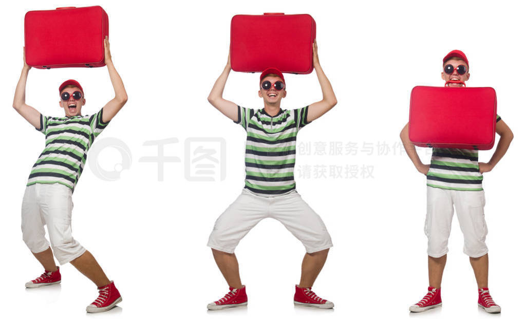 Young man with red suitcase isolated on white