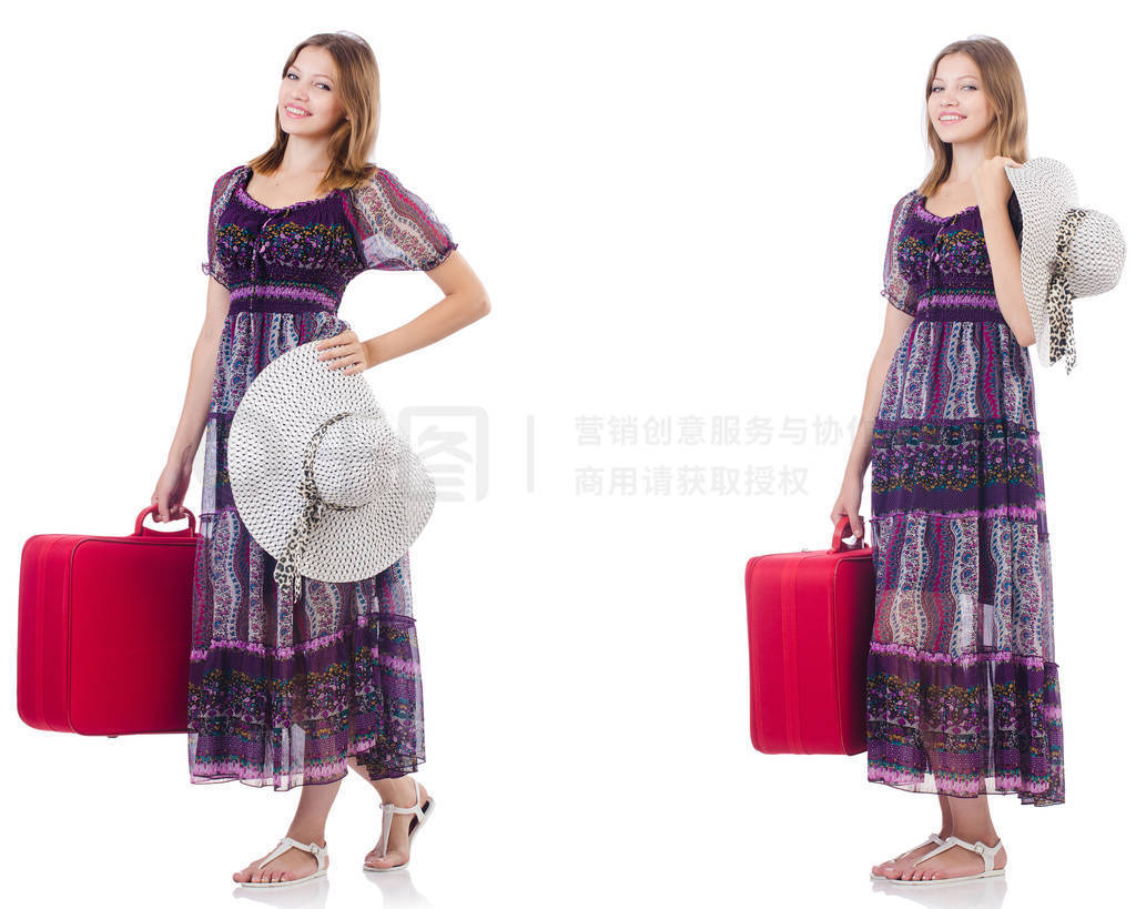 Young woman with suitcase isolated on white