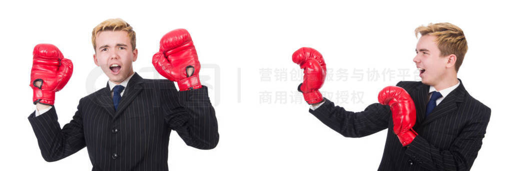 Young employee with boxing gloves isolated on white