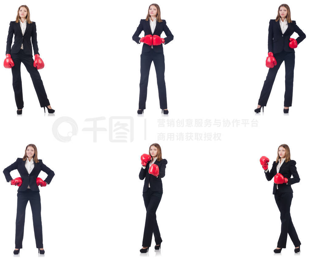 Businesswoman with boxing gloves isolated on white