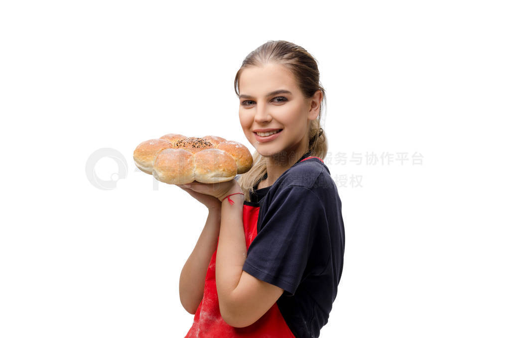 Young female baker isolated on white