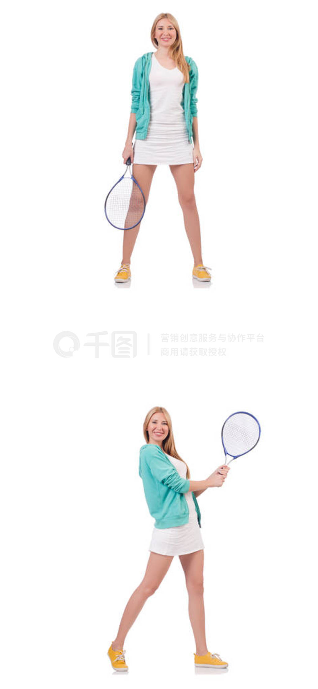 Young beautiful lady playing tennis isolated on white