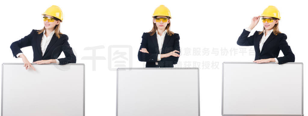 Young female builder with whiteboard