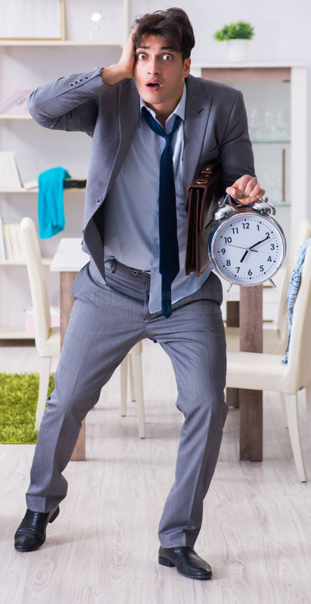 Businessman late for office due to oversleeping after overnight