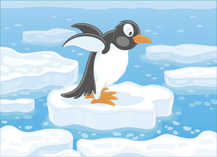 在极地海漂流的浮冰上的有趣的南极企鹅, 矢量插画的卡通风格