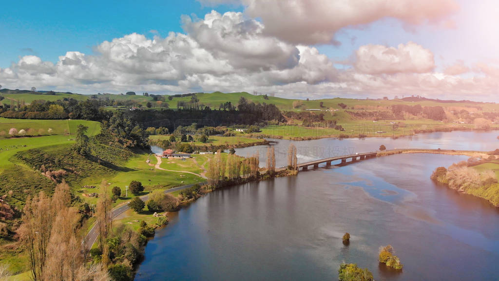 New Zealand aerial view. Meadows and river