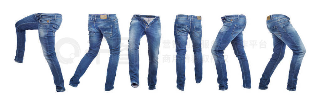 Set of empty blank jeans pants in different poses isolated on a