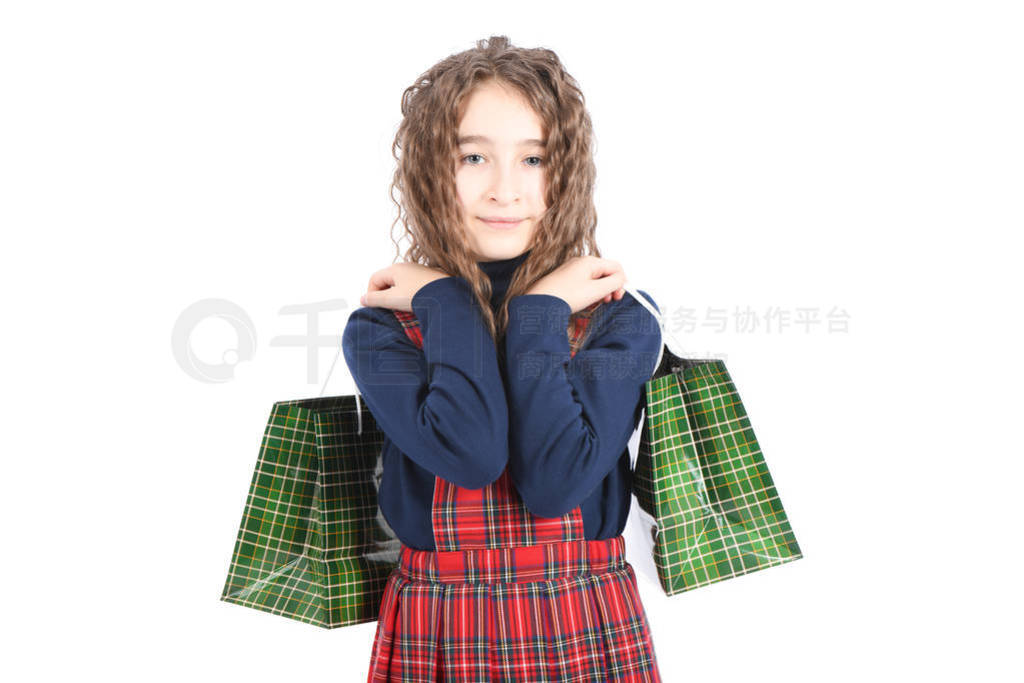 Child with a green packaging checkered texture isolated on white