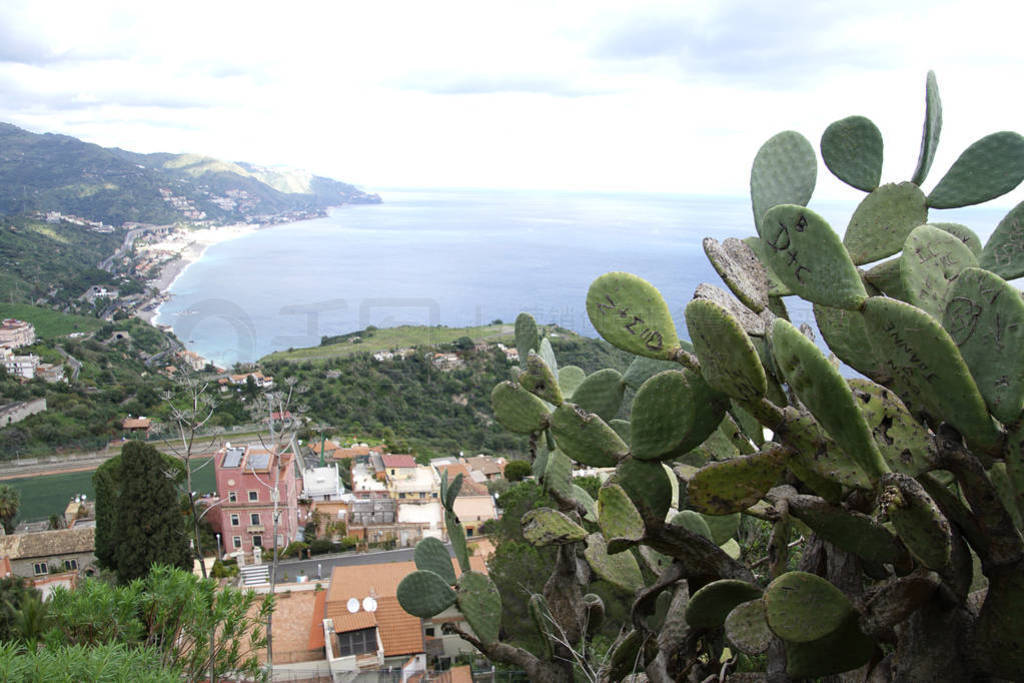 Looking out over hillside town to the the Strait of Messina