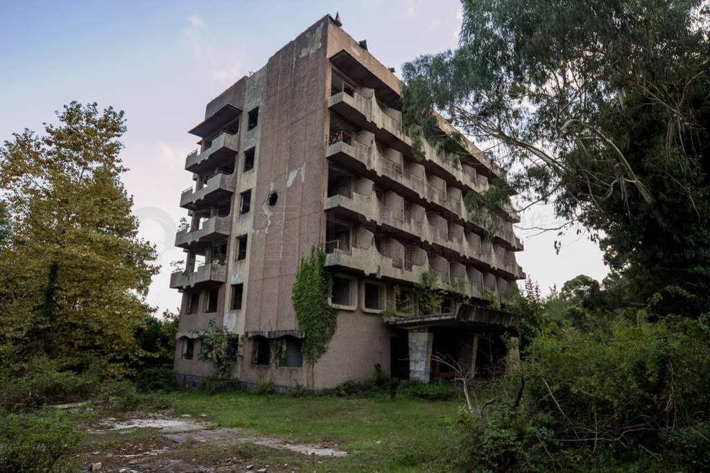 Abandoned multi-story building. Abandoned sanatorium in Eshera,