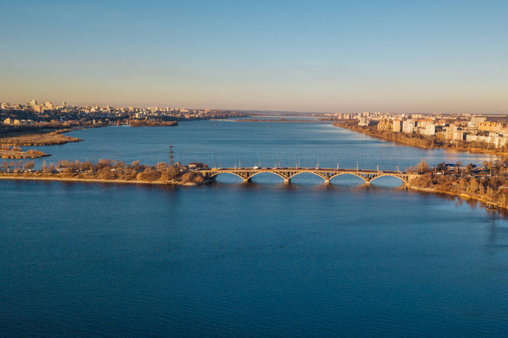 Aerial autumn Voronezh cityscape from drone flight height. View