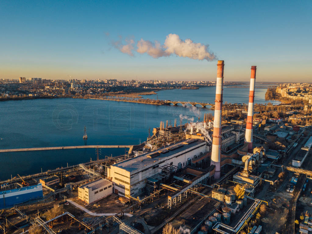 Thermal power plant. Aerial view from drone of large industrial