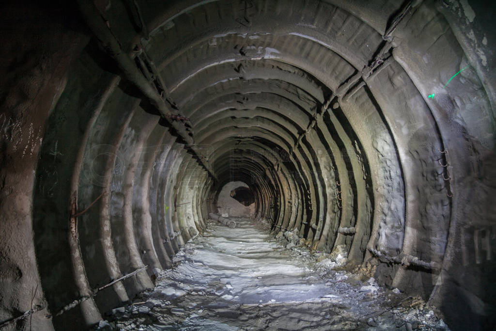 Metal tubbing lining in abandoned chalky mine in Belgorod