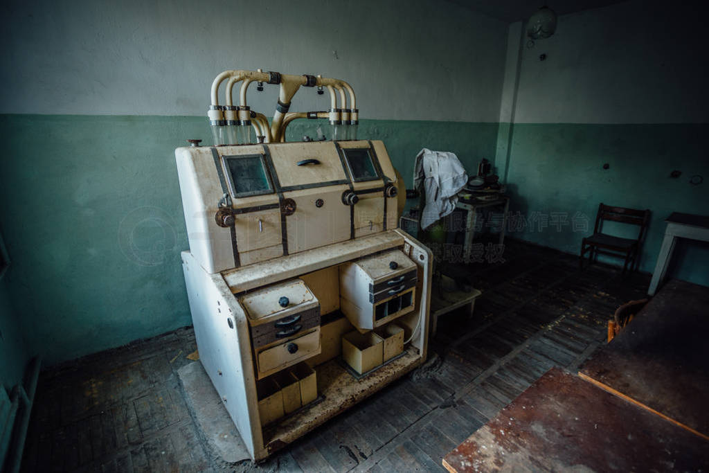 Abandoned analytic laboratory in old empty flour mill factory