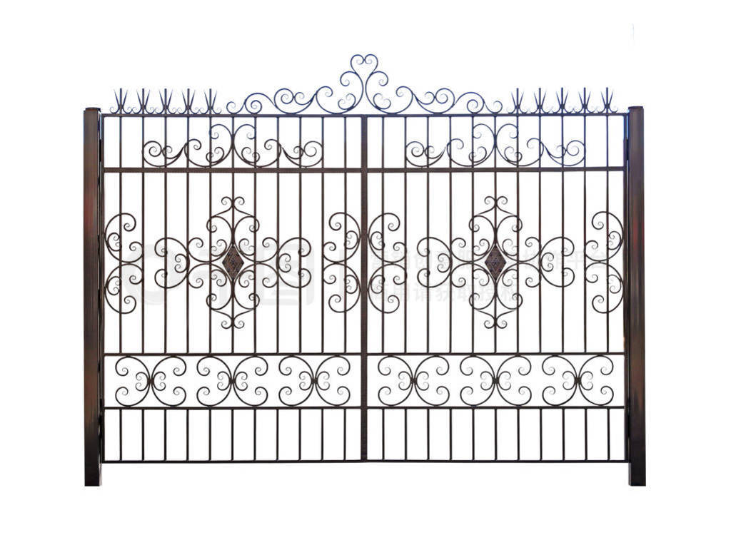 Iron gate with wrought-iron decor.