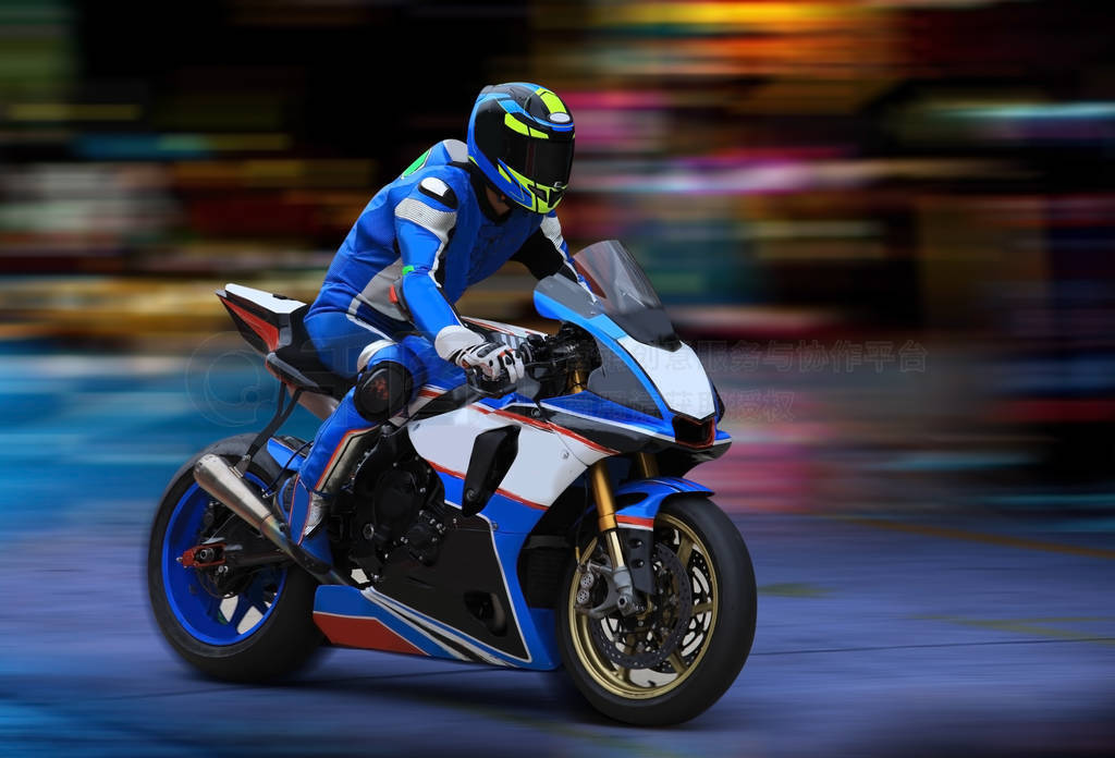 Motorcycle rider racing in blue colors with motion blur