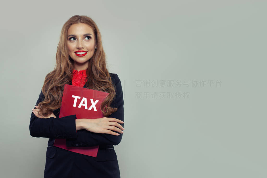 Business woman with red taxes report on gray banner background.