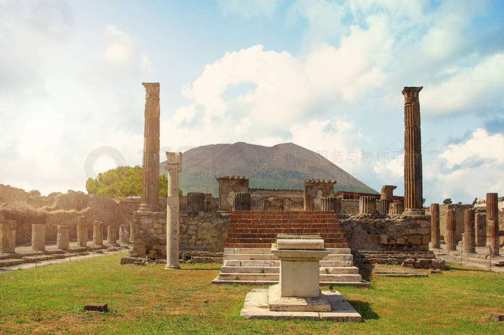 Forum area in Ruins of Pompeii overlooking Mount Vesuvius
