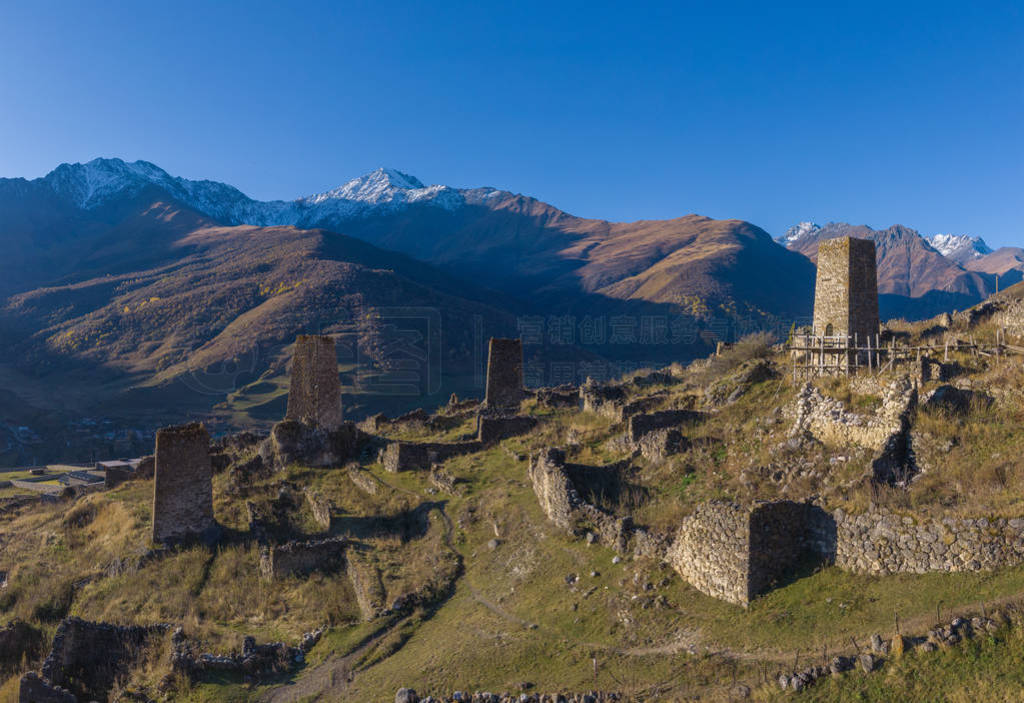 Mountain landscape and medieval architecture of North Ossetia.