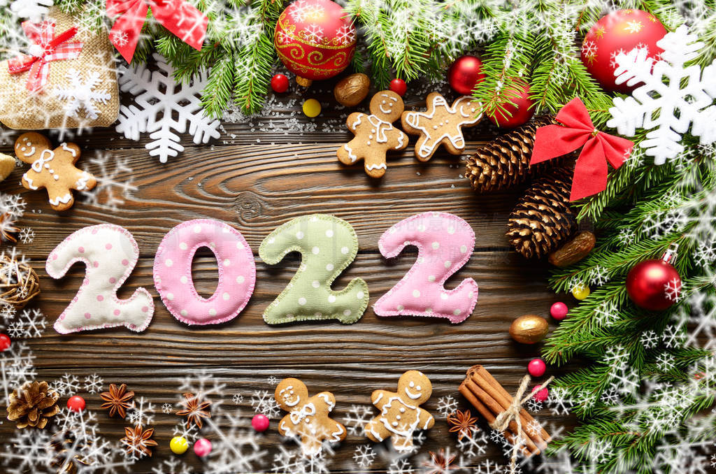 Colorful stitched digits 2022 of polkadot fabric with Christmas