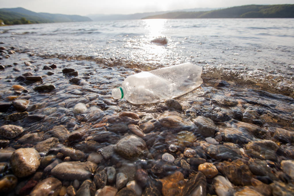 Plastic bottle waste on rivershore , water pollution concept