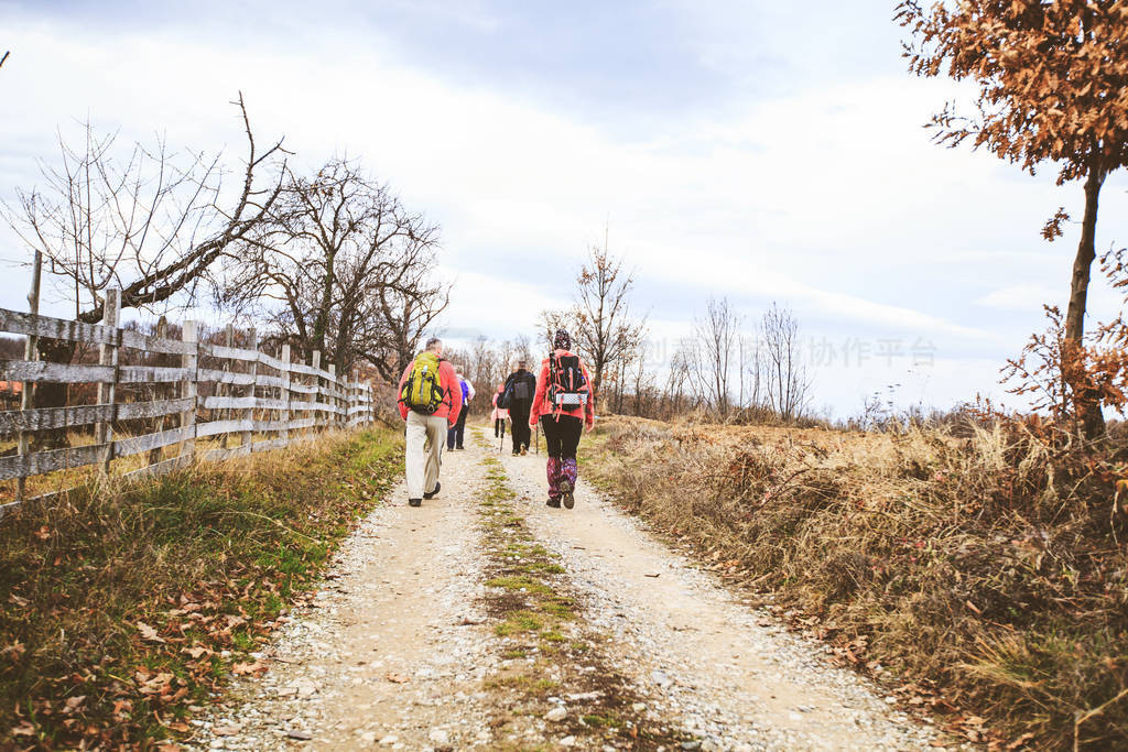 Hiking Group Of People Walking In Nature