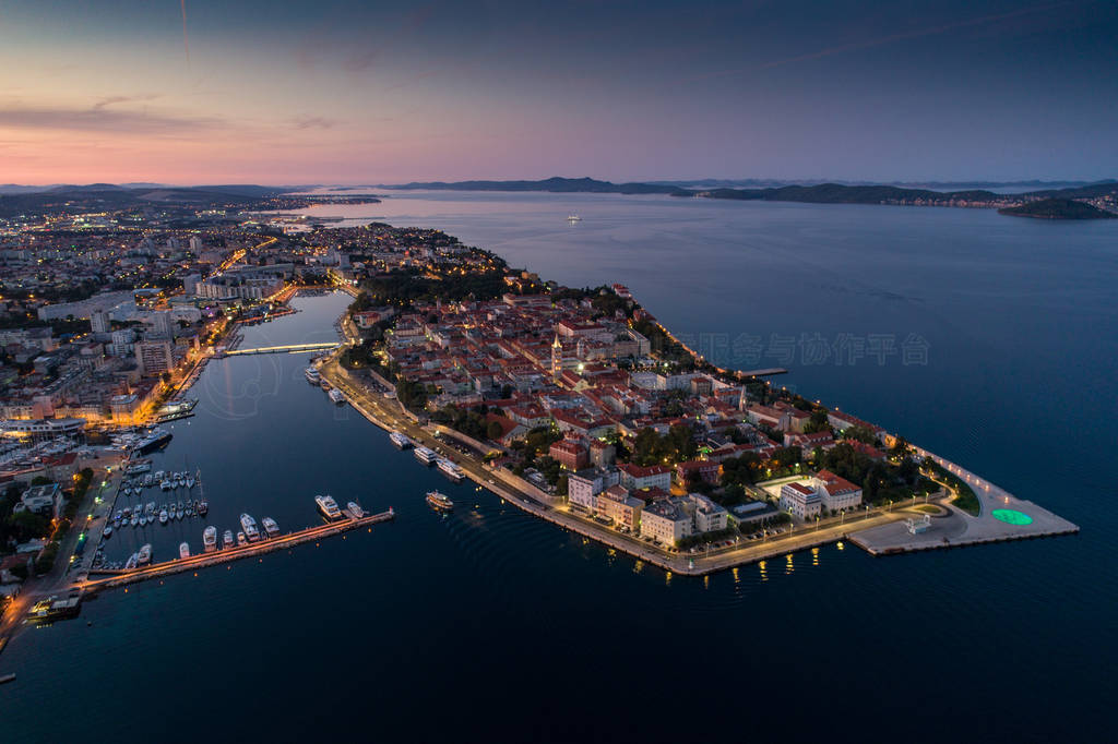 Zadar at night, aerial photo,