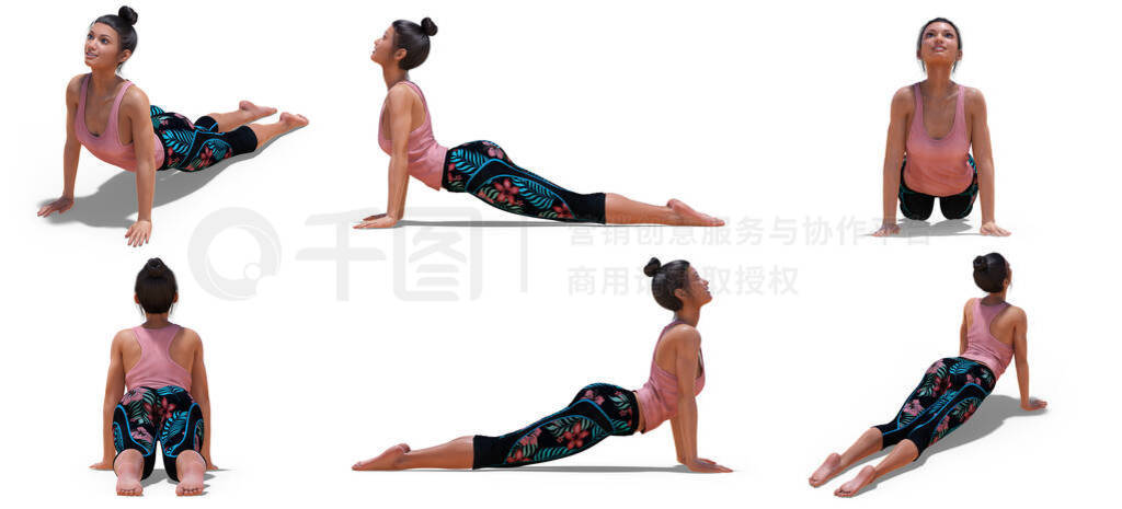 Woman in Yoga Upward Facing Dog Pose with 6 angles of view