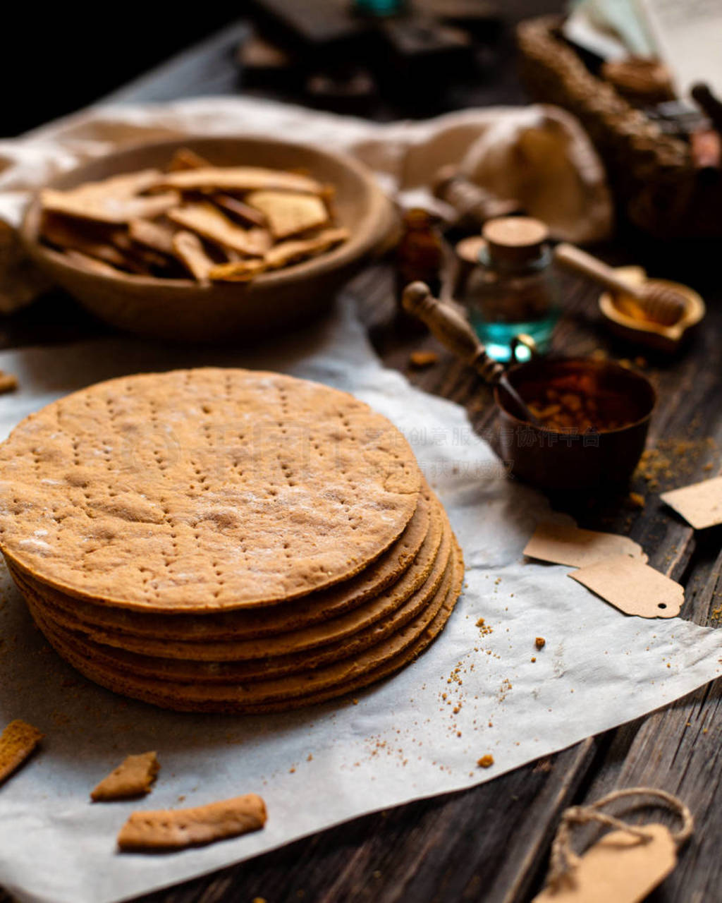 Homemade stack of baked layers of Russian traditional honey cake