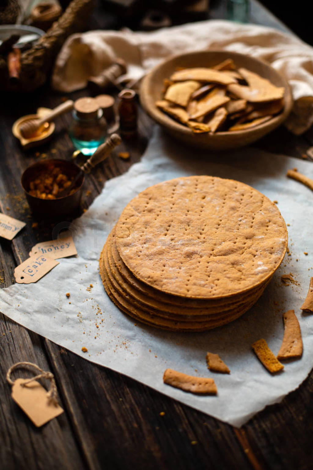 Homemade stack of baked layers of Russian traditional honey cake